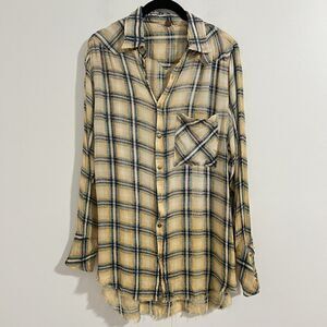 Free People FP One Tunic Plaid Shirt Size XS Yellow Grunge Boho Long Sleeve Top